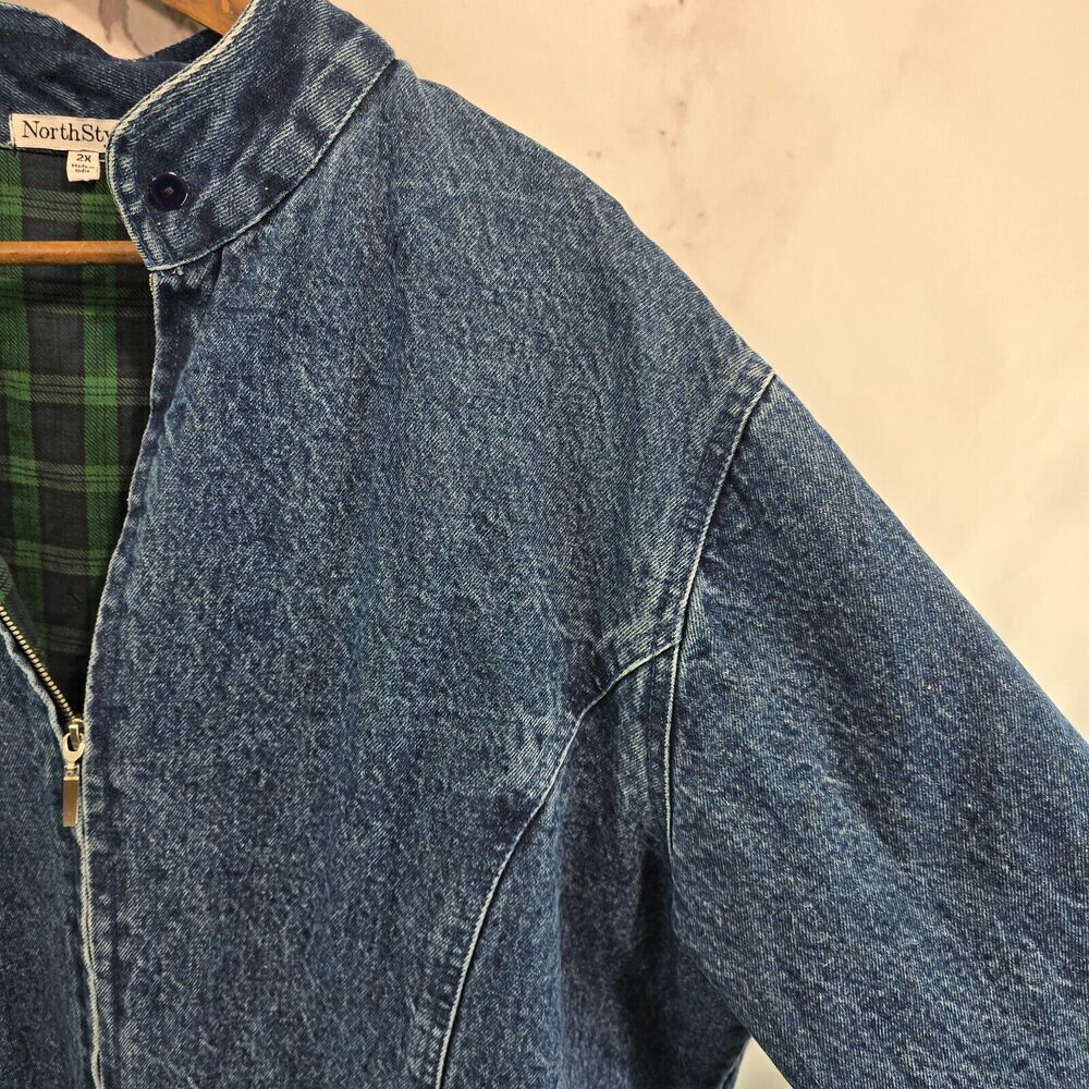 Vintage Denim Jacket Womns 3X Jean 80s 90s Flannel Lined Green Plaid Dark Medium - Picture 11 of 12